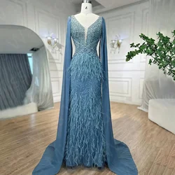 Luxury Teal Blue Evening Dresses 2024 Feathers Prom Party Gown Crystal Beaded Wedding Guest Gown V Neckline Cap Sleeves Back Out