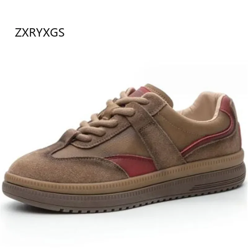 ZXRYXGS 2024 Premium Cow Sude Spell Color Splicing Women Genuine Leather Sneakers Flat Sole Comfortable Casual Sneakers Tide