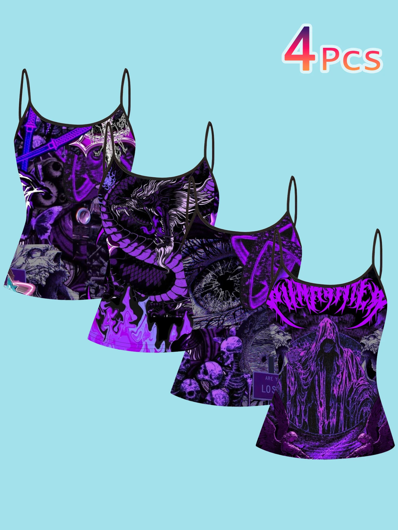 4-Piece Set of Purple and Black Subculture Print Camisoles for Women, Featuring Evil Dragon, Skull, Death, Flame, Punk Style, Slim Fit, and Thin Straps