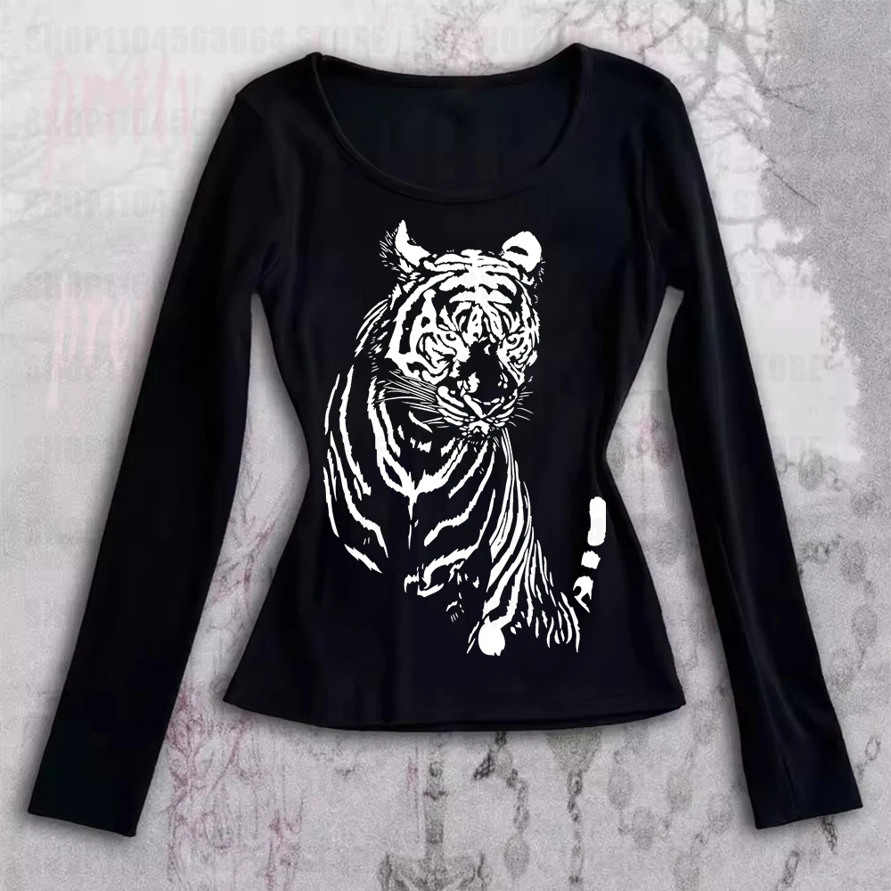 تي شيرت Y2K نسائي مضحك ورعب وممتع بنمط نمر مطبوع بأكمام طويلة مضحك يومي متعدد الاستخدامات