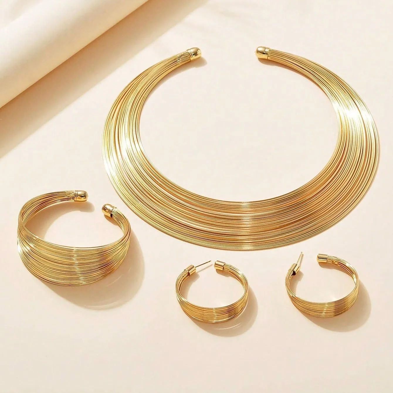 

European cross-border new alloy metal open necklace bracelet earrings set exaggerated earrings multi-layer bridal jewelry