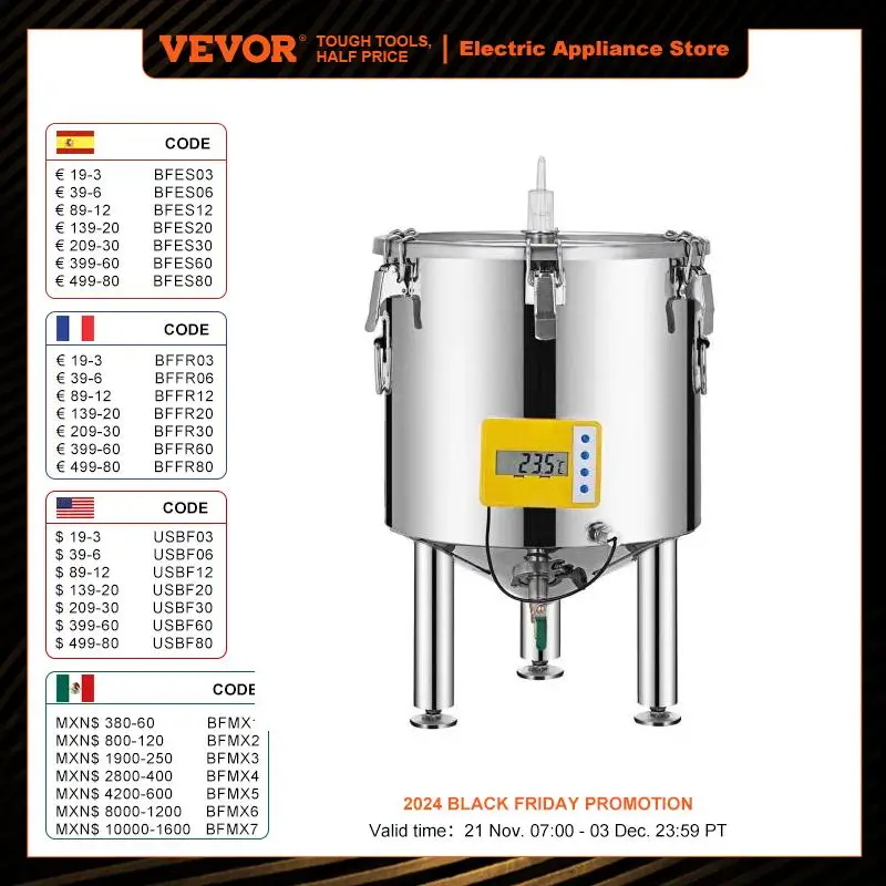 VEVOR Brew Fermenter Bucket 304 Stainless Steel 15L-50L Wine Pot High Sealing for Beverage Dairy Brewing Promoting Fermentation