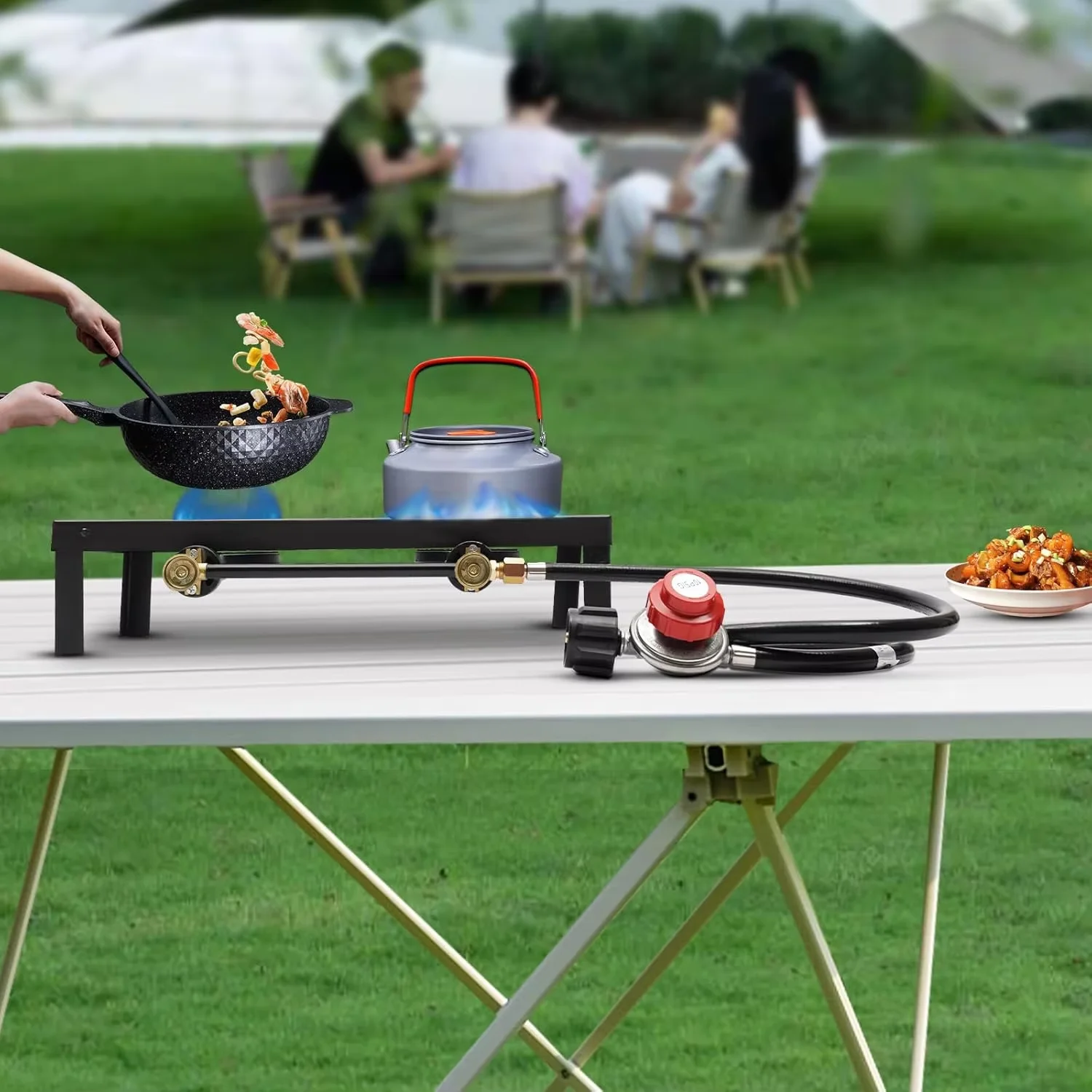 Estufa de Gas Portátil para Acampar, Estufa de Propano para Exteriores con 2 Quemadores para Barbacoa y Picnic, con Manguera Reguladora Ajustable de 0-10 Psi