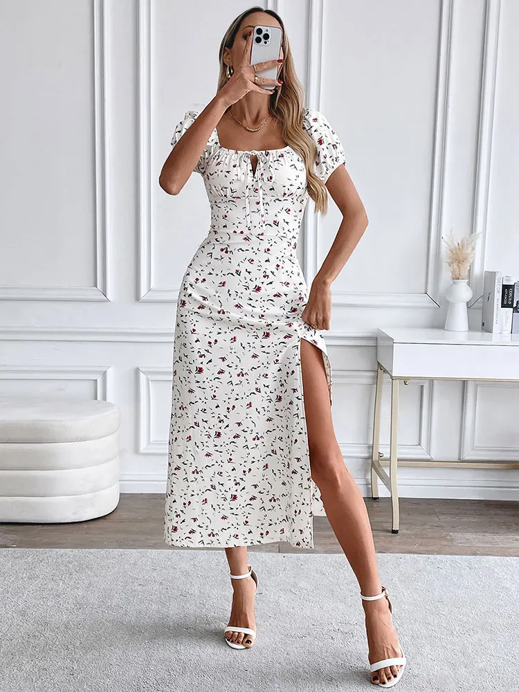 Summer Women's Dresses New Fashion Print Short Sleeve Split Casual Slim Dress Club Party Elegant Lady Hollow Out Dress Clothing