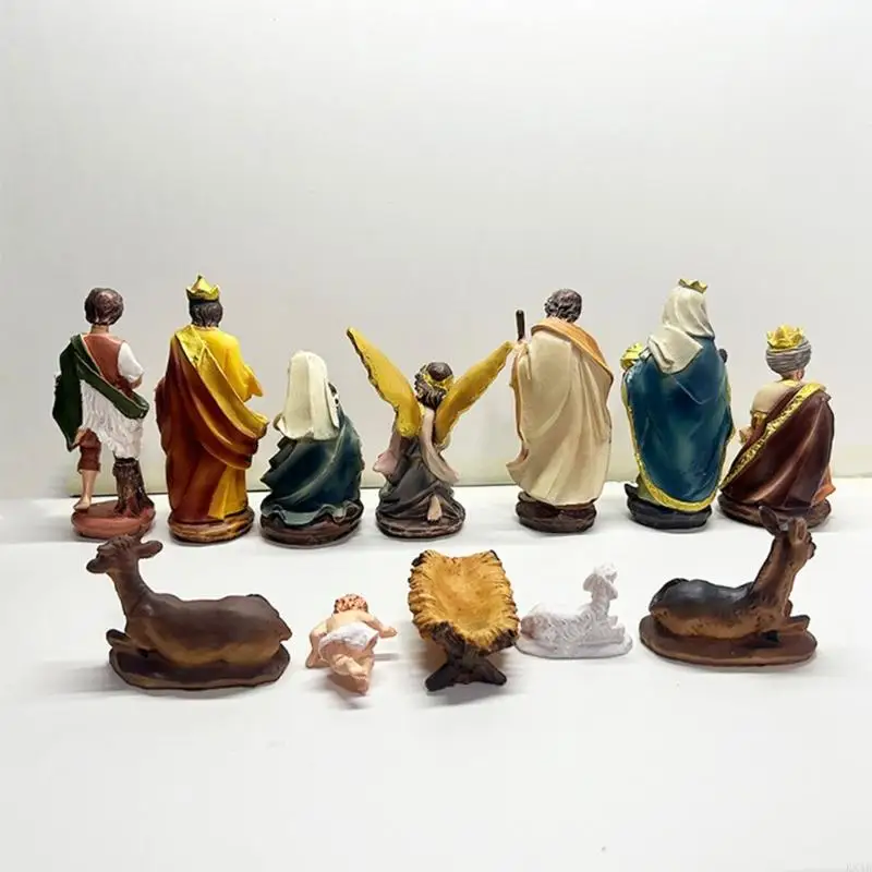 KX4B 12pcs Jesus Nativity Scene Statue Christmas Manger Decoration Set Resin Wisemen