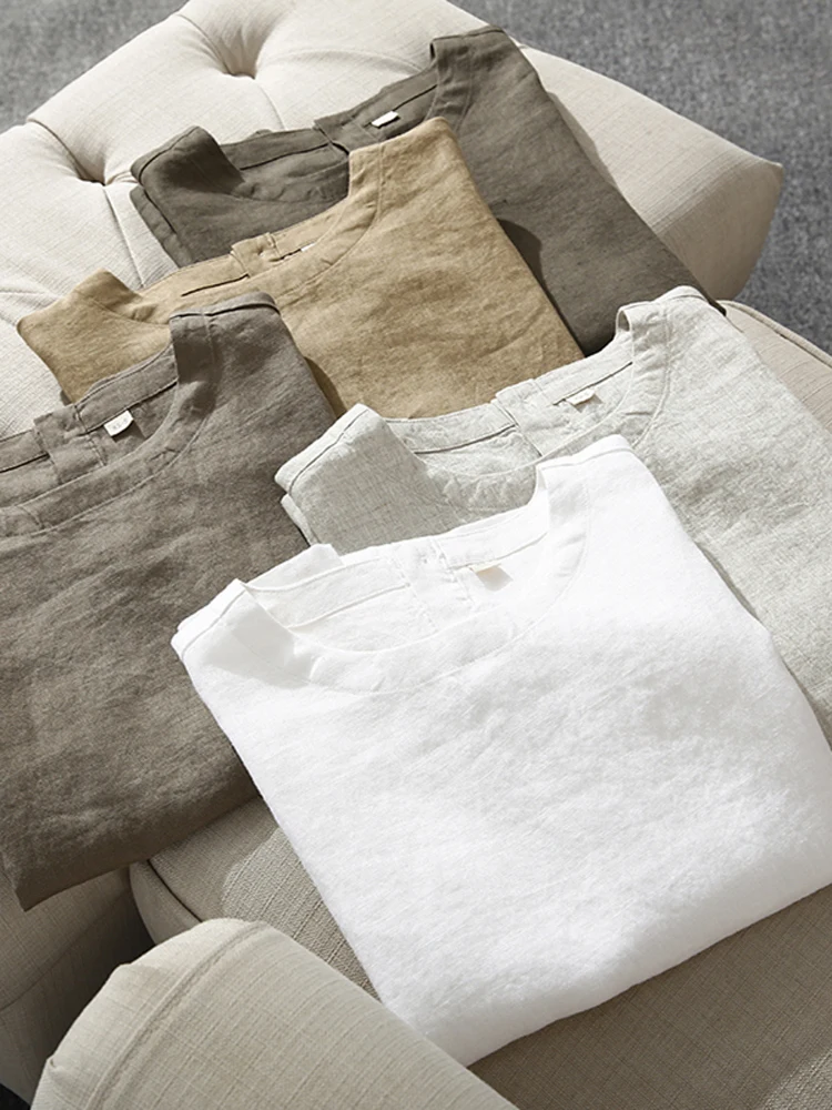 pure-color-ladies'-short-sleeve-linen-top-casual-home-clothes-round-neck-pullover-cotton-linen-fabric-four-seasons-universal