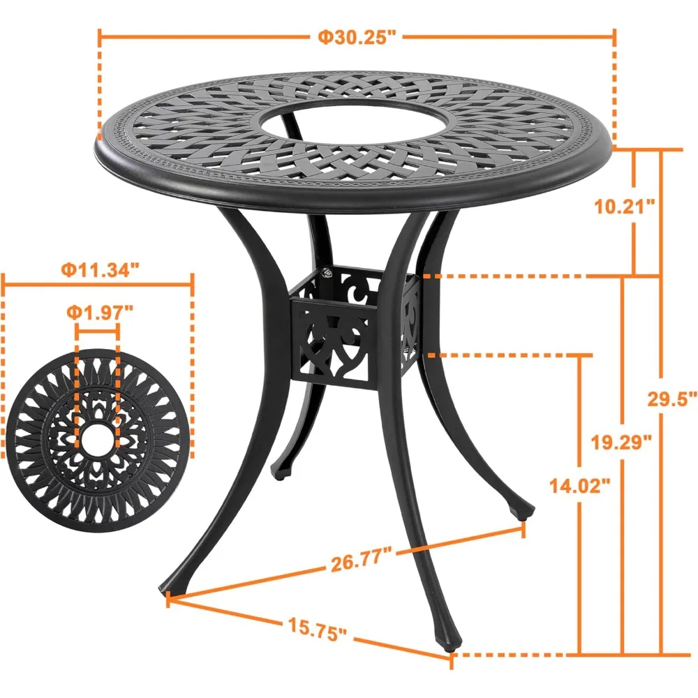 30 Inch Outdoor Table with Umbrella Hole for Patio, Backyard, Cast Aluminum Round Patio Table