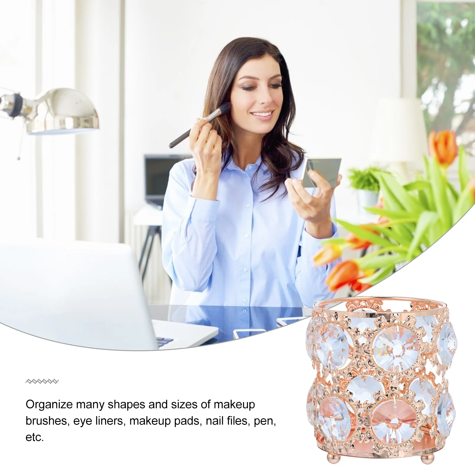 Caja de almacenamiento de brochas de maquillaje con diamantes de imitación, organizador para escritorio, portalápices, artículos diversos, decoración de papelería, gran capacidad