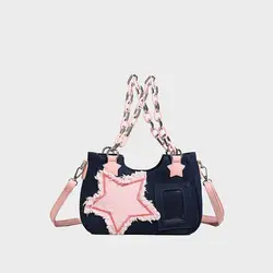 Vintage Shoulder Underarm Fashion Star Design Tote Denim Crossbody Bag Women Chain Zip Purses and Handbags