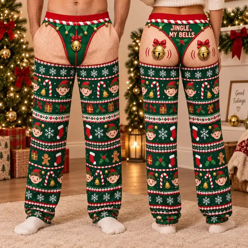 Funny Christmas Couple Pajama Pants Elf Snowflake Candy Cane Print Fake Butt Jingle My Bells Design Loose Trousers Xmas Party