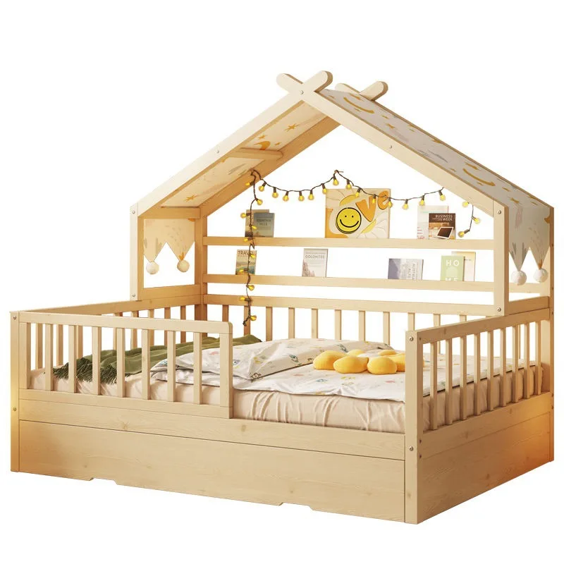 

Full solid wood children's bed, girl princess, small with trailer guardrail, household baby single, boy tree house