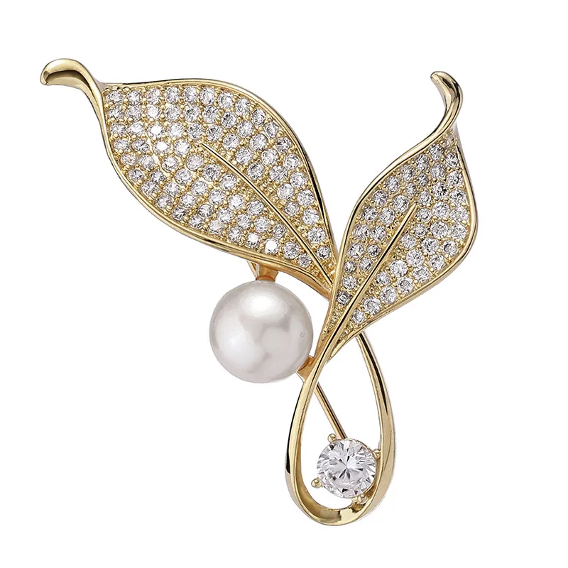 Minimalist Style Suit Pins Female Pearl Leaf Breast Blossom Gold Rhinestone Alloy Clothing Fixed Accessories Anti glare Pins