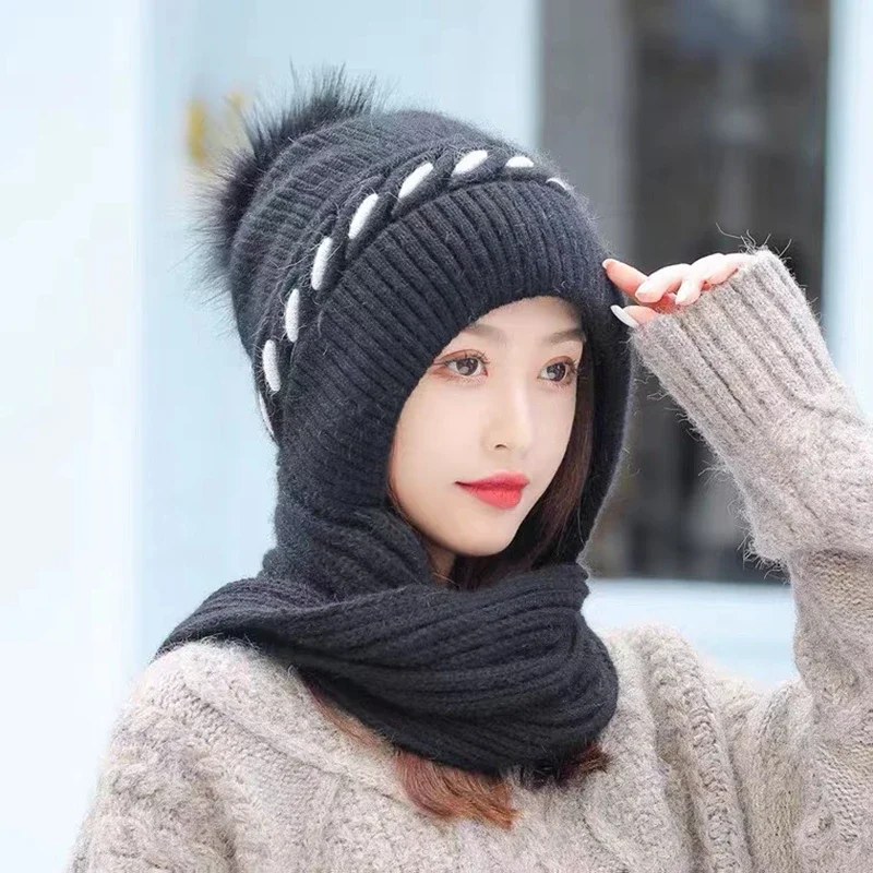 Women Winter Hat Scarf Set Knitted Thick Warm Fashion Cap and Scarf Integrated Sets New