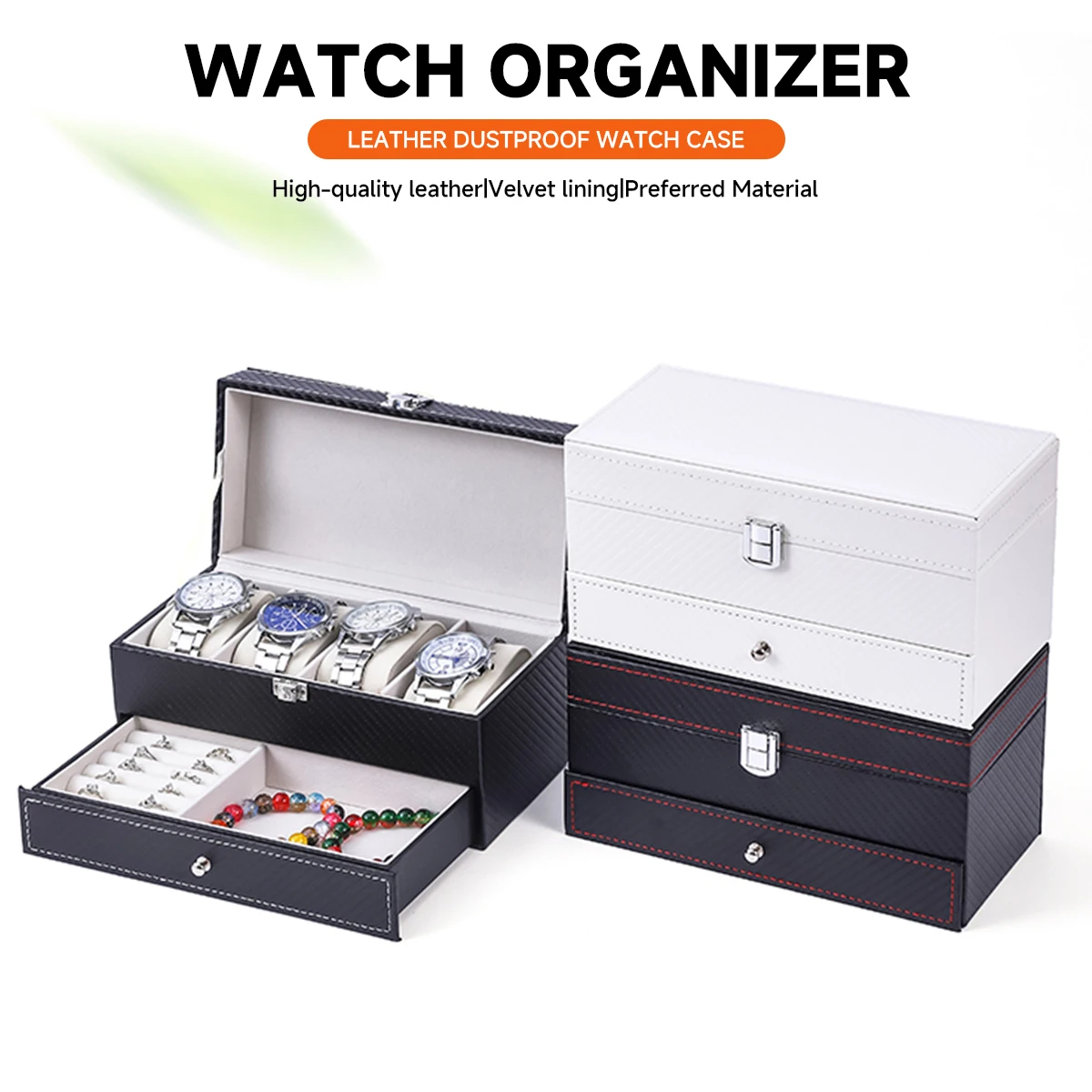2-Tier Organizer Watch Showcase ﻿ Leather Lockable Watch Storage Boxes Men & Women's Jewelry Display Drawer Case