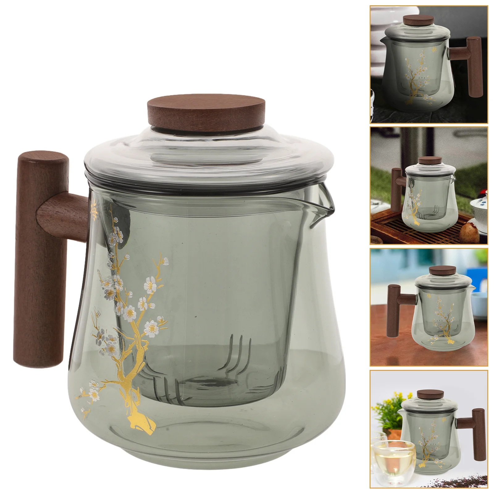 

Borosilicate Glass Teapot Set Cup Lid Wood Handle Heat Retention Infuser Brewing Loose Tea Stove Top Kettle for Home Office Use