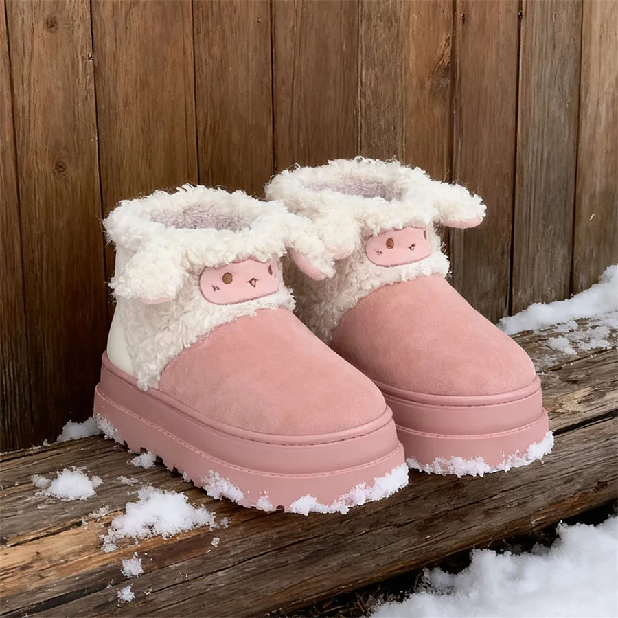 

Ins hot pink snow boots women's sheep design platform plush shoes woman chunky ankle boots wool-like fleece lined short booties