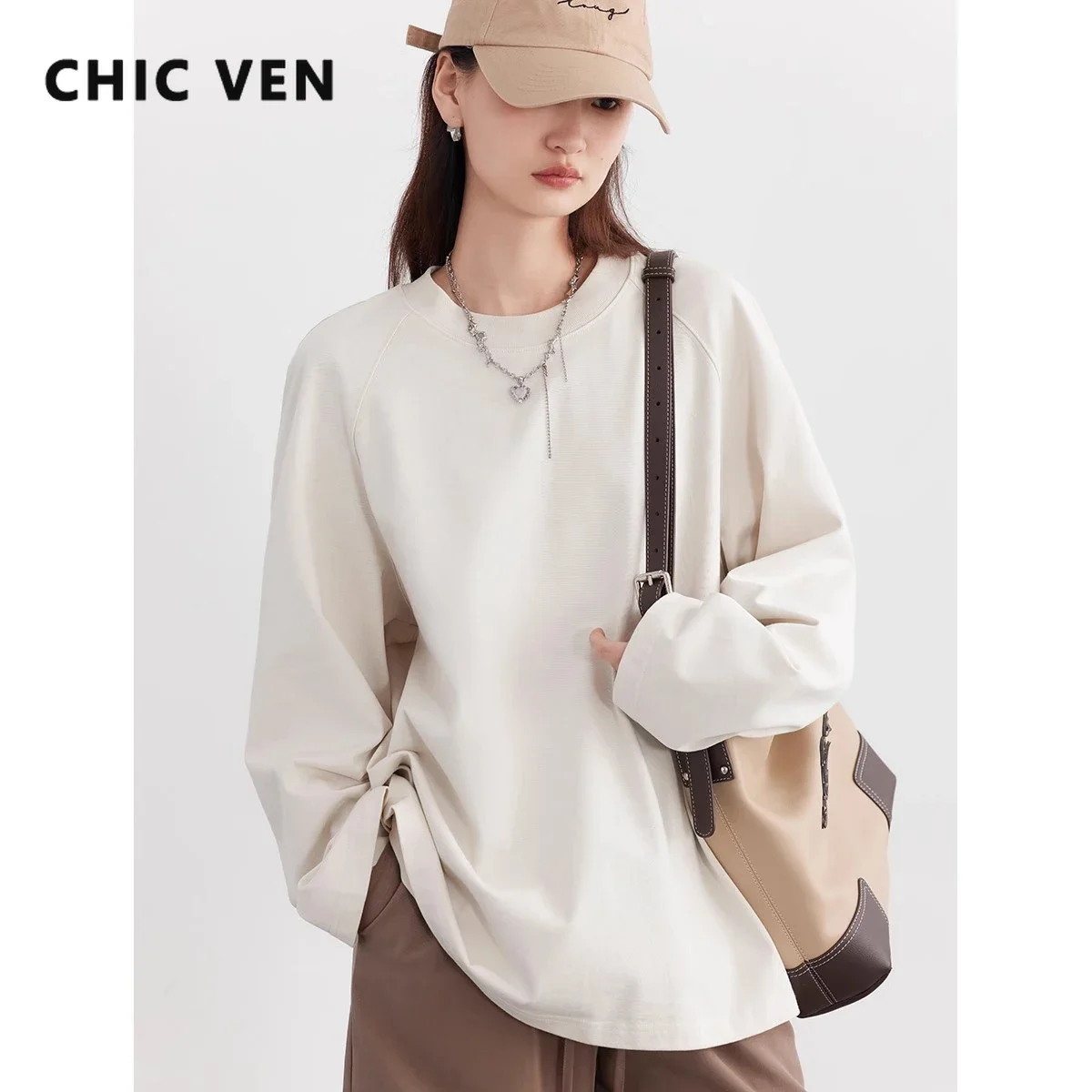 Imagem -02 - Chic Ven-pulôver de Manga Comprida Raglan Simples Feminino Camiseta de Algodão com Gola Redonda Top Feminino Sólido Novo Primavera Outono 2023