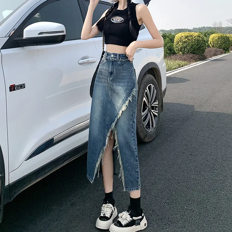 Pop Fashionable Denim Skirt For Women High-waisted A- Line Hip Covering Long Dress Casual Style Perfect For Summer 2024