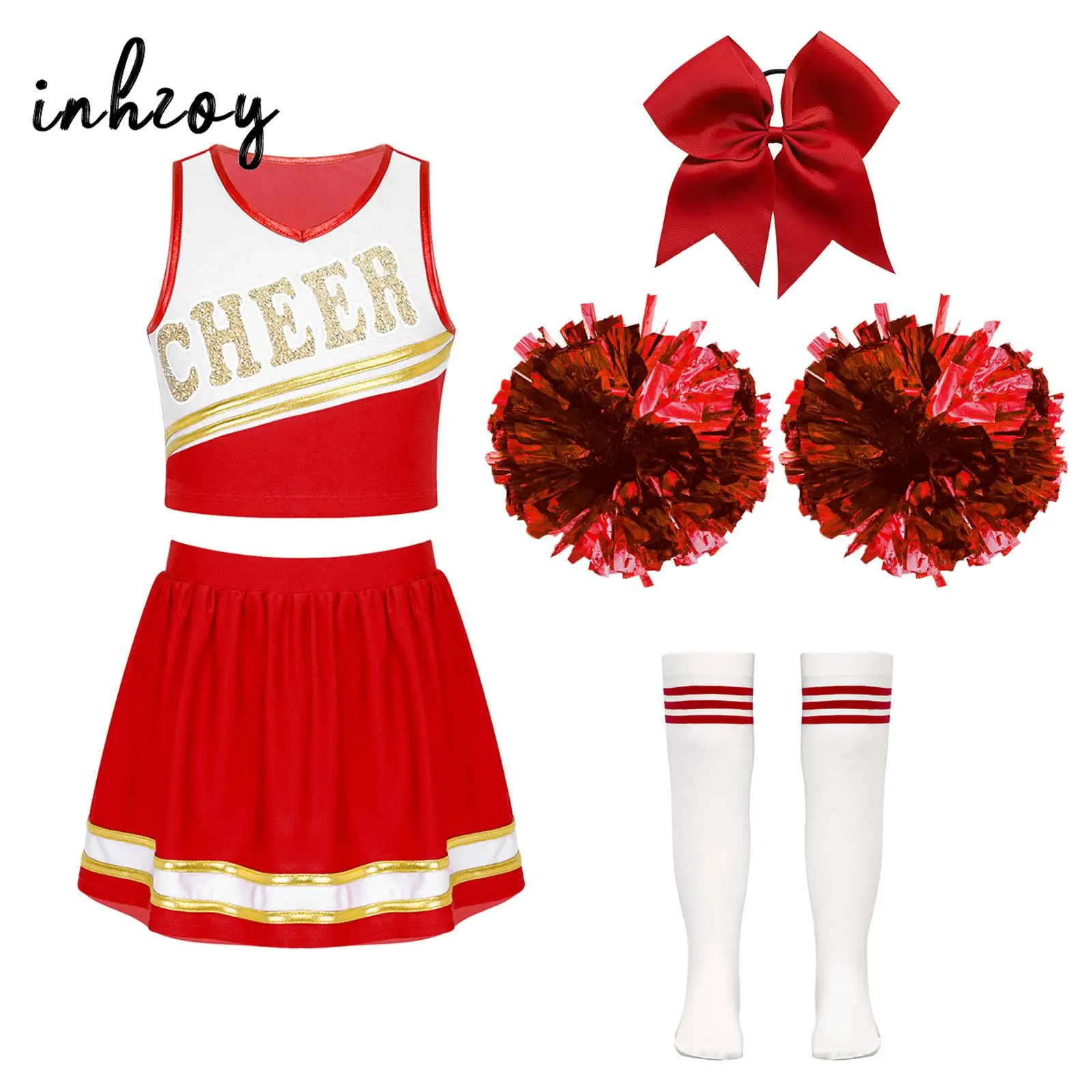 สาวเชียร์ลีดเดอร์เครื่องแต่งกายชุดเสื้อแขนกุดพร้อมกระโปรงลายถุงน่องผม Tie Pompoms Cheer เต้นรําชุด