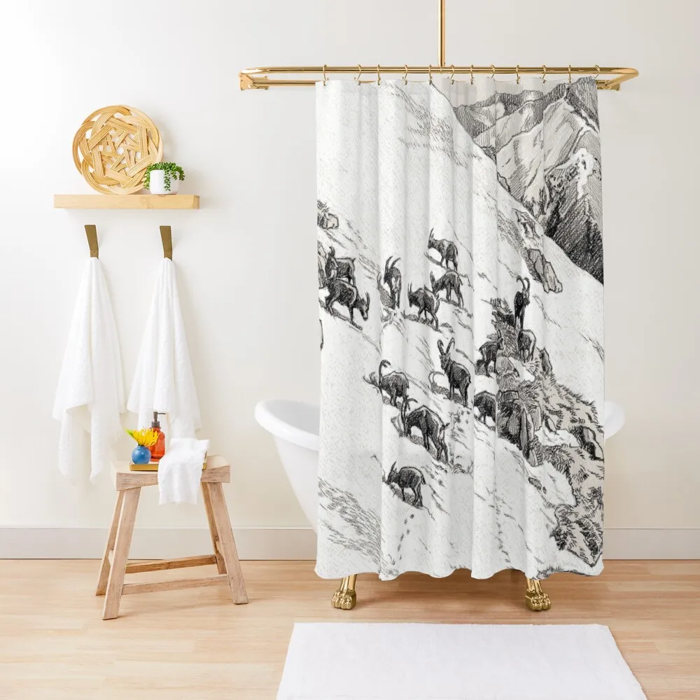 Capra Ibex group in snow Shower Curtain Bathtub Shower Bath Curtain