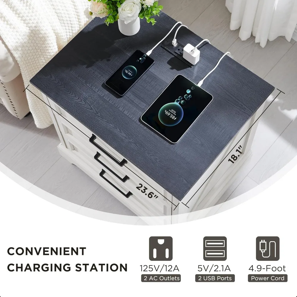 ファームハウス ナイトスタンド 充電ステーション付き、幅24インチのエンドテーブル、3つの大きな引き出しとバーハンドル付き