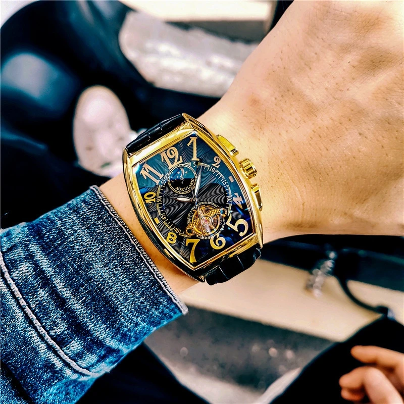 AOKULASIC Mechanical Watches Fashion Men Watches Tonneau Dial Tourbillon Automatic Mechanical Watch Men Moon Phase reloj hombre