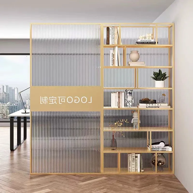 Company entrance front desk shelf entrance logo image wall office glass office area screen partition wall