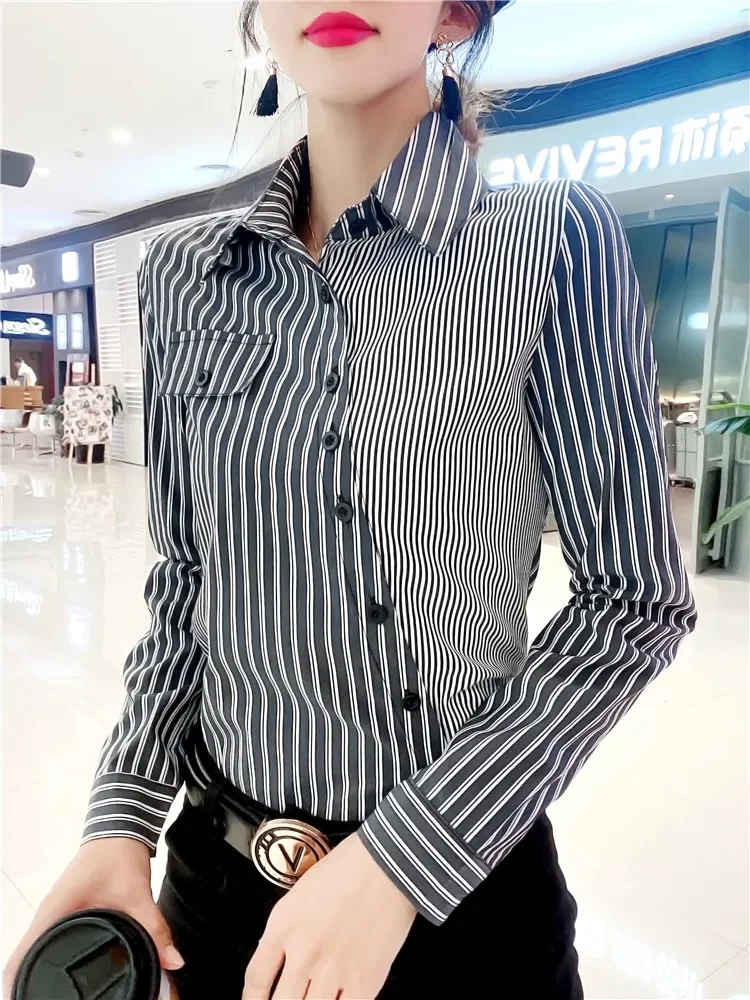 stretchy shirts women office lady striped shirts  women tops and bloues