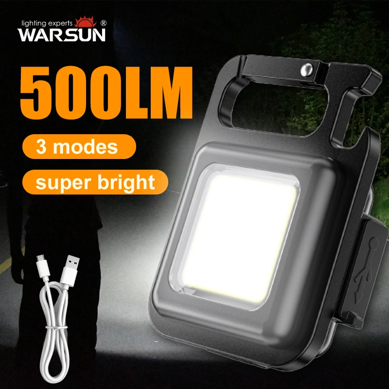 WARSUN 300LM COB Portable Keychain Light, 3 Modes, IPX5, Magnetic, Bottle Opener, Type-C, for Camping, Emergency and Daily Use