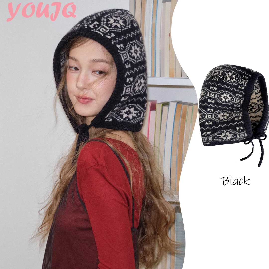 Retro 100% Wool Fair Isle Knit Scarf Balaclava Hats for Women Knitted Headwear All Seasons Warm and Versatile Beanie Cap Bonnet