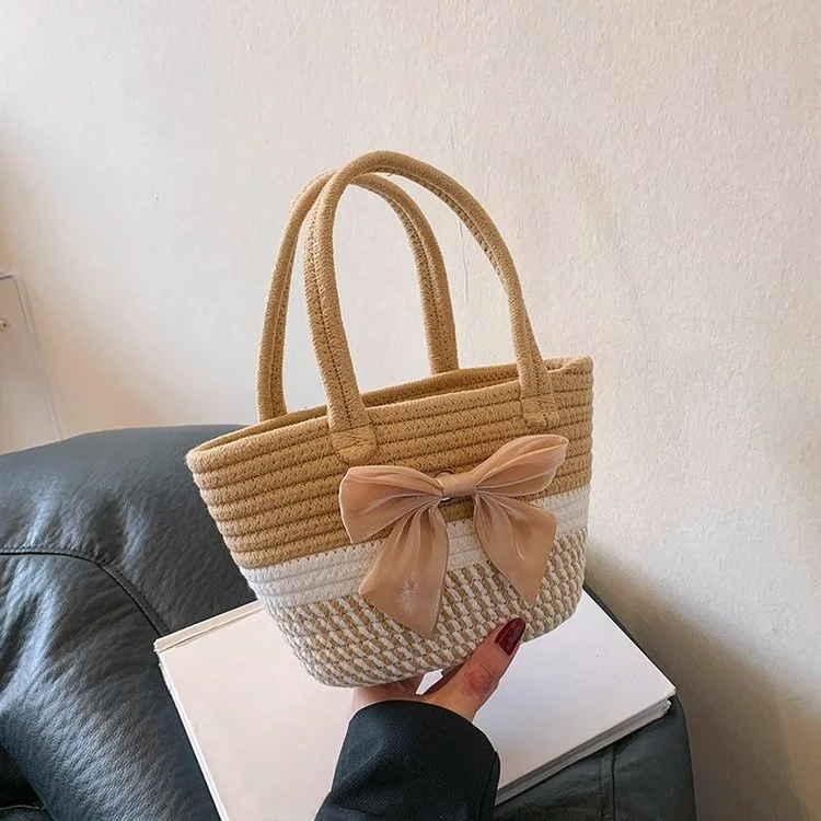Handwoven Basket Handbag Women's New 2025 Country Style Small Bag Handheld Fabric Material Open Closure Fashion Trend