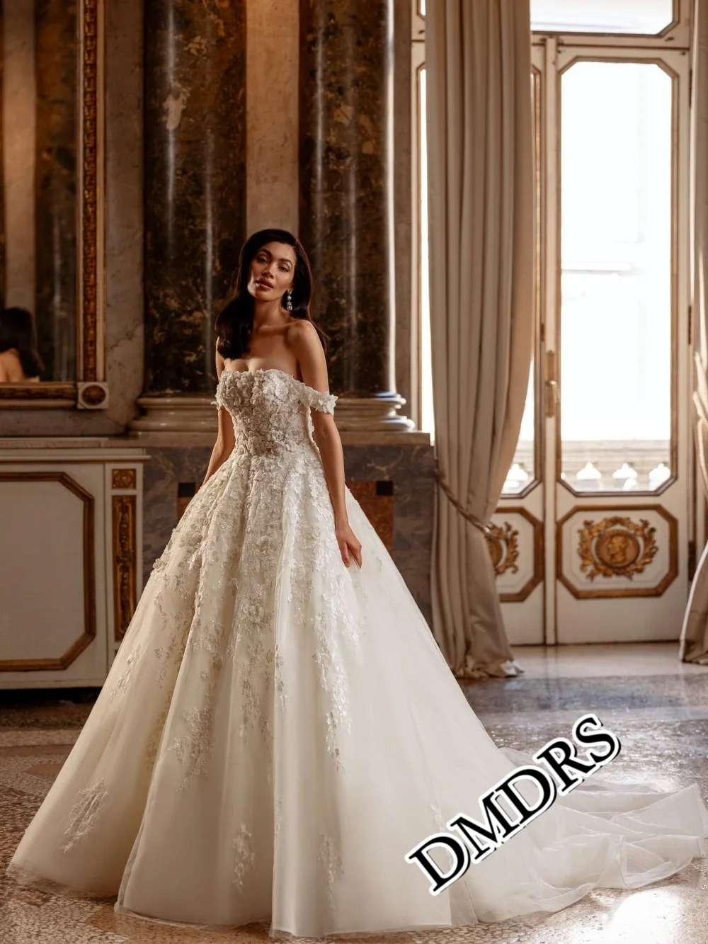 

DMDRS Charming Off-Shoulder Wedding Dress Formal 3D Floral Bridal Gowns Popular Sleeveless Floor-Length Wedding Gowns Vestidos D