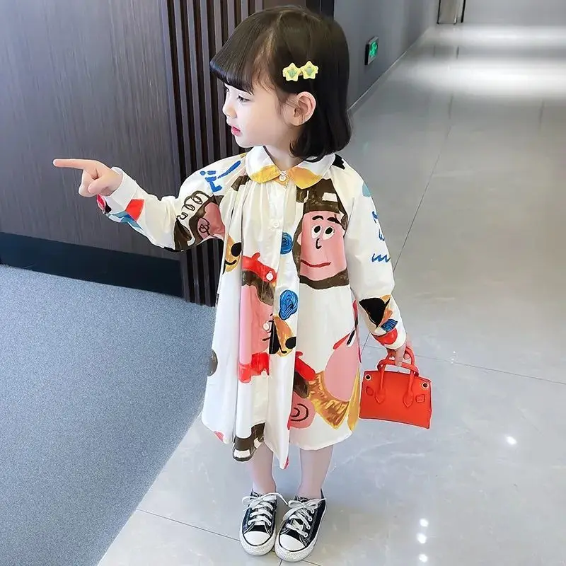 2024 Spring Autumn Girls Cartoon Print Long Sleeve Dress Fashion Design