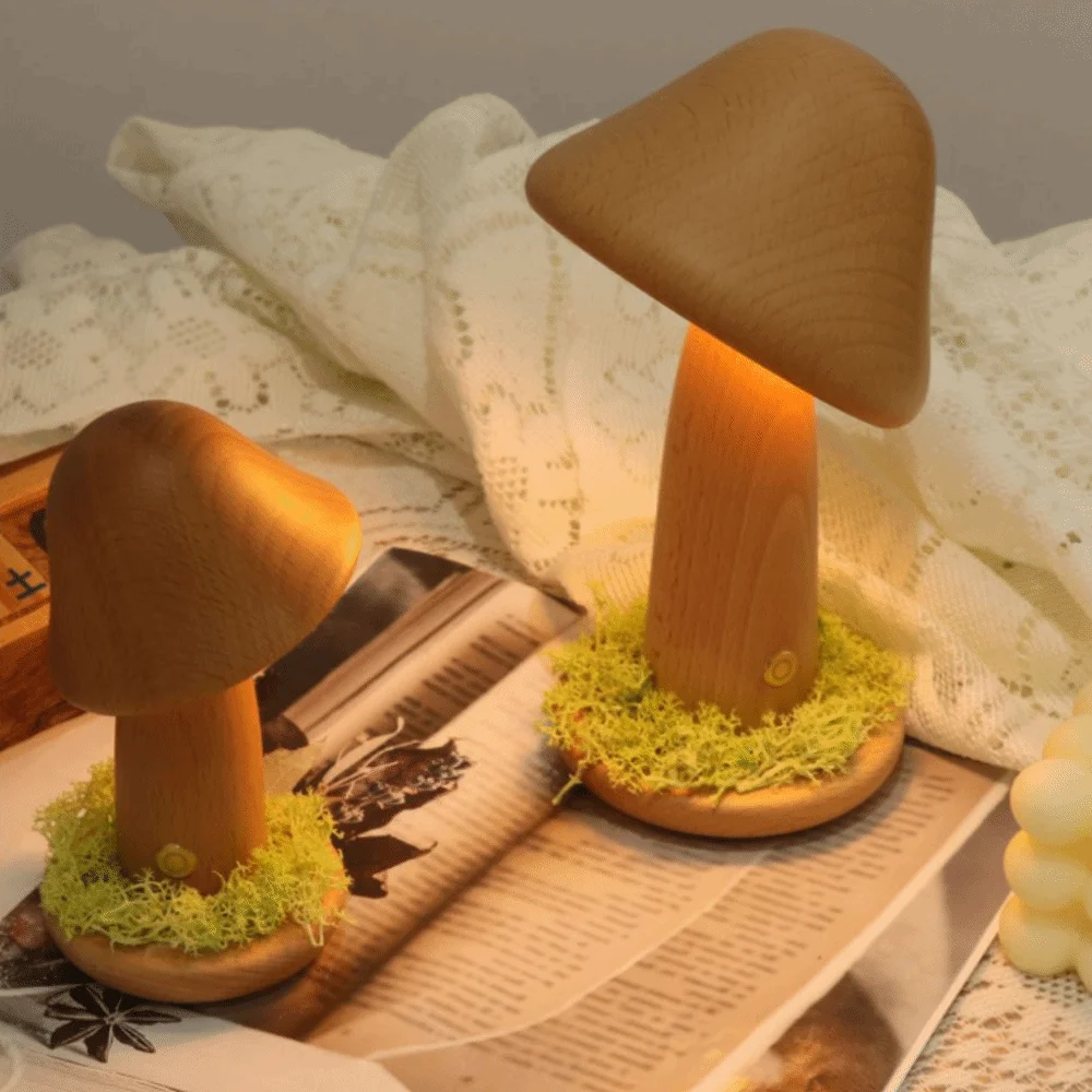 Warm Light Mushroom LED Night Light Beech Wood Touch Switch Twisted Mushroom Nightlight LED Light Three Colors