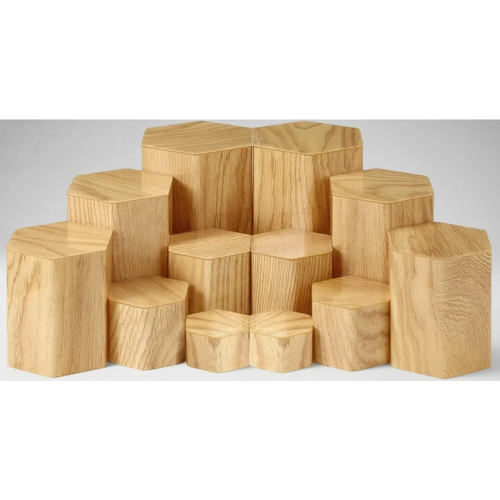 

Hexagonal Acrylic Display Stands Jewelry Riser Showcase 6 Sizes Woodgrain Decoration Store Retail