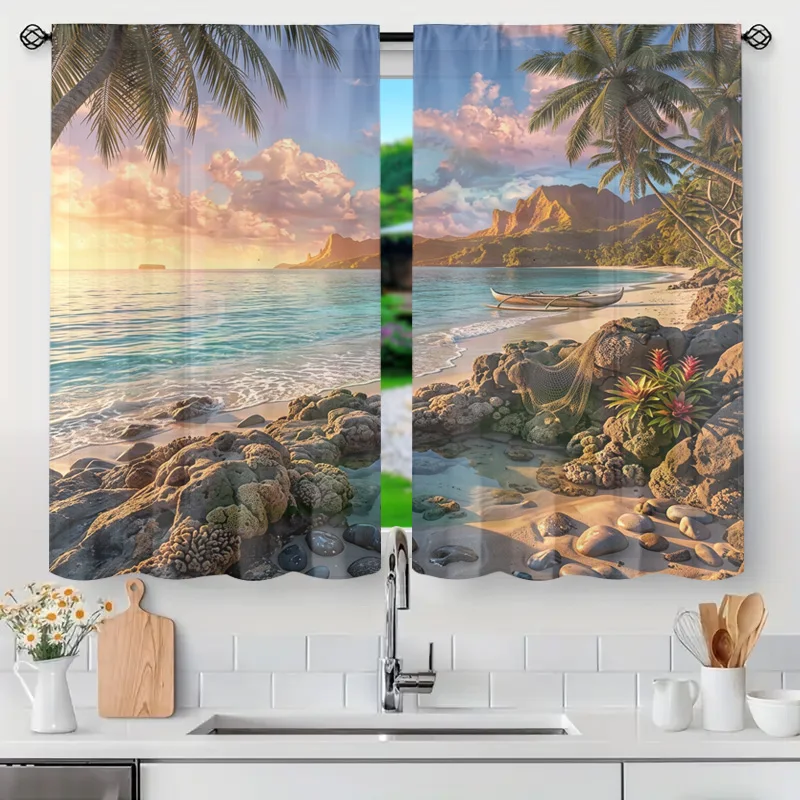 Tropical Beach Sunset Curtains Semi Sheer Window Drapes Paradise Coastal View Home Decor Panel Sunlight Treatment for Living Roo
