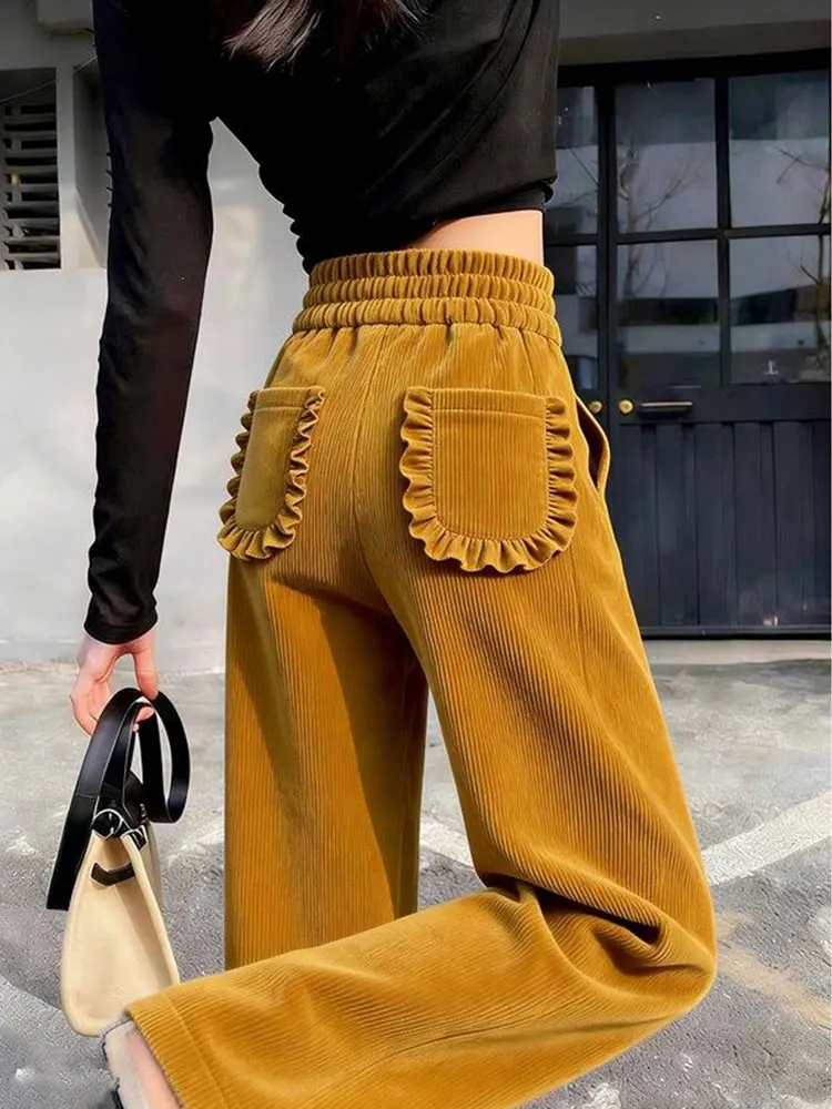 

Желтые вельветовые брюки с широкими штанинами, женские, на флисовой подкладке, утепленные, с эффектом похудения, на эластичной талии, повседневные, осенне-зимние