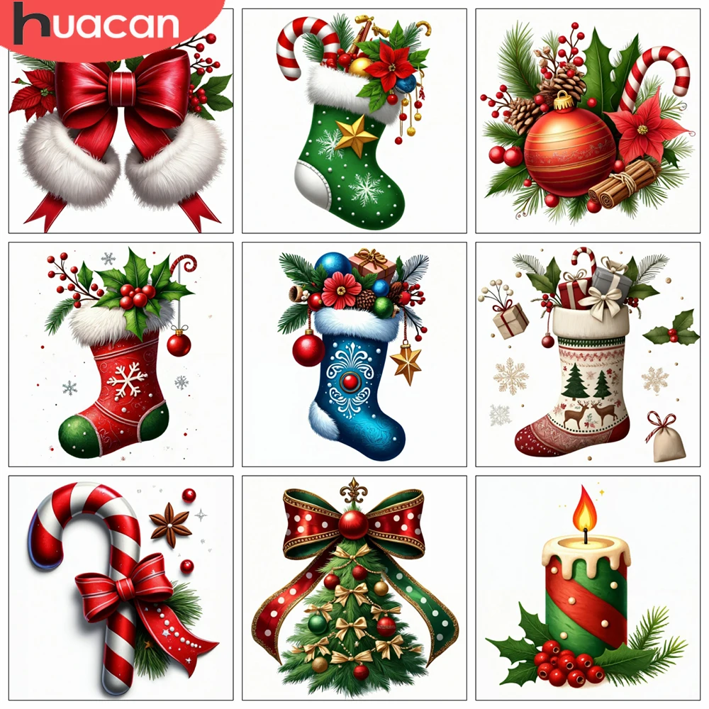 

HUACAN 5D Diy Diamond Mosaic Christmas Stocking Full Round Diamond Painting Kits Tree Home Living Room Art Craft