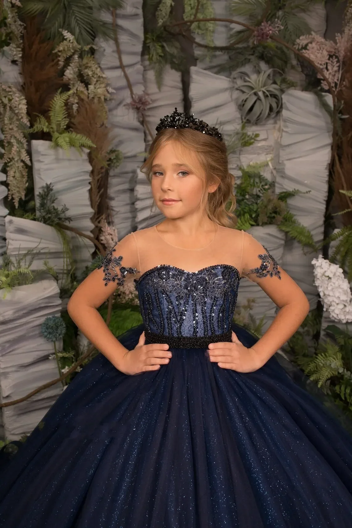 Glitter Princess Flower Girl Dresses Long Beading Navy Blue Child Tulle Birthday Wedding Party Dress Appliques Formal Prom Gown