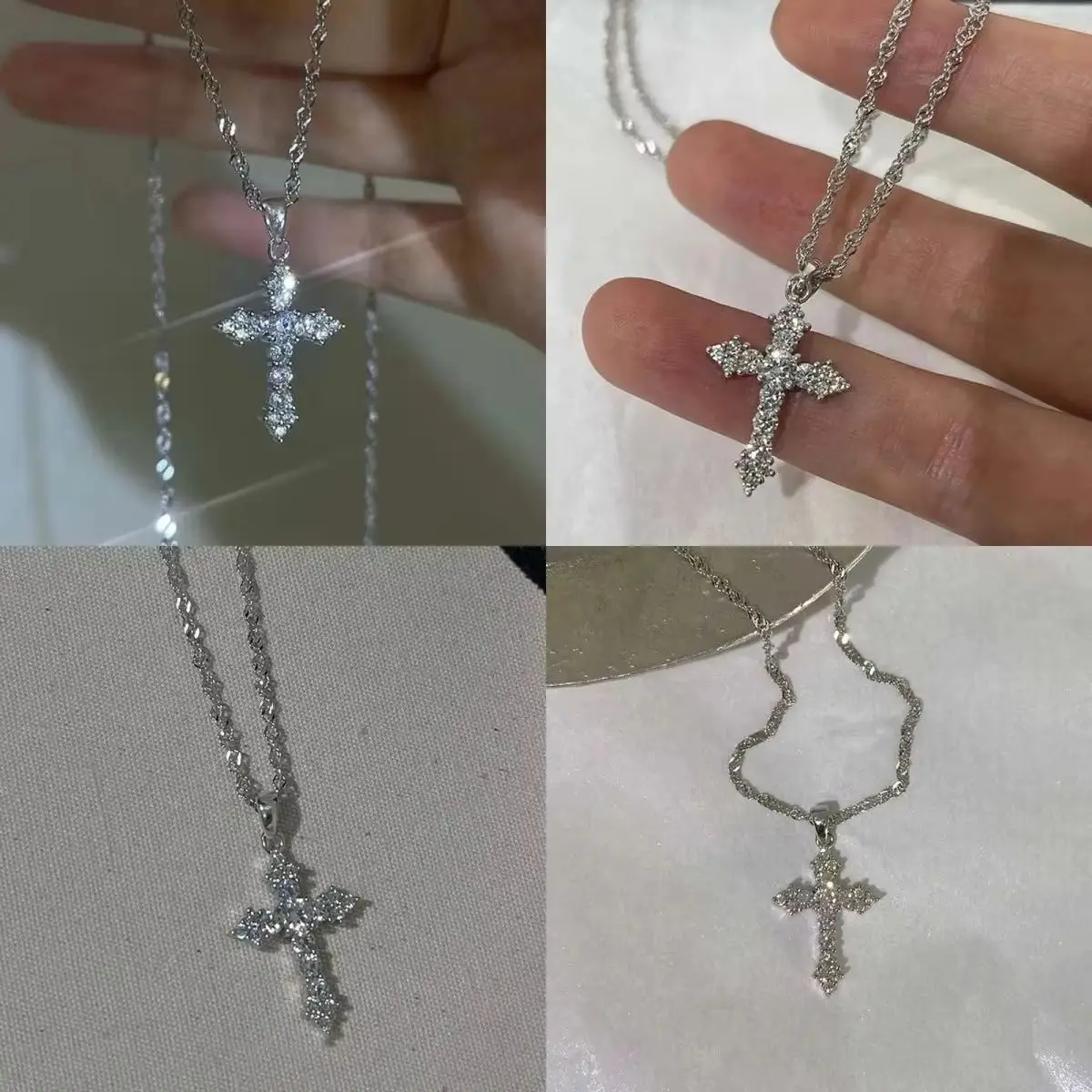 Women's Cute Silver Zircon Cross Pendant Necklace Thin Chain Party Jewelry Birthday Gift for Girls