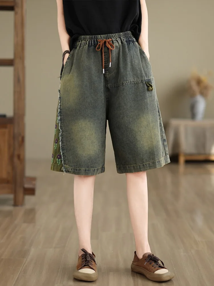 

Retro Washed Distressed Denim Shorts Women's plus Size Loose Covering Casual Drawstring Five Wide Leg Pants Summer 2024