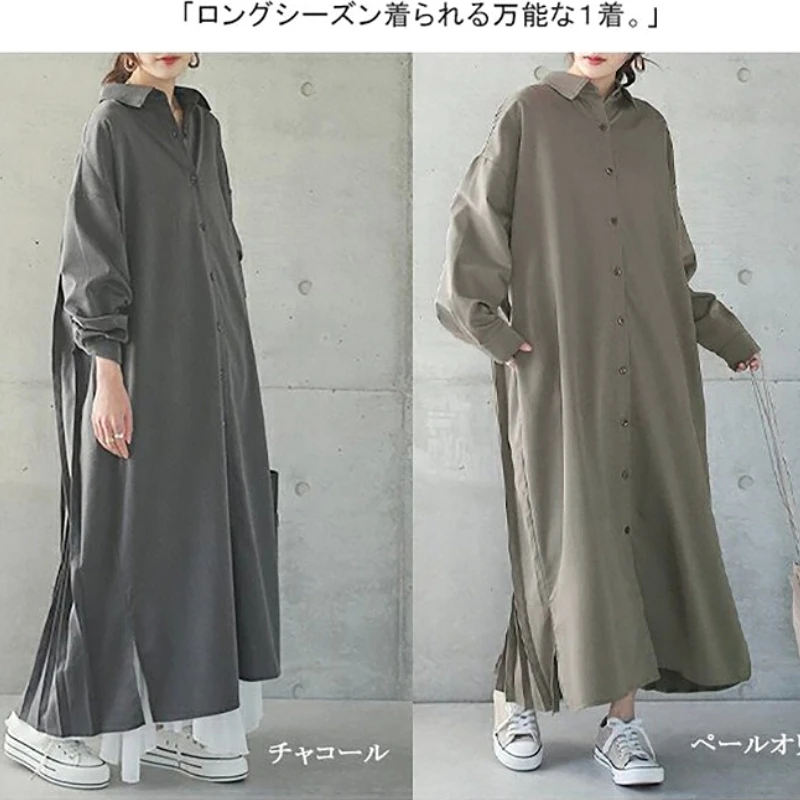 

Long Dress Women Shirt Dresses Single Breasted Vestidos Turn Down Collar Maxi Work Pleated Elegant Splice Y2k Streetwear Loose
