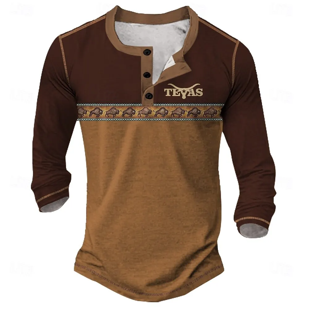 

Fashion Men's Long Sleeve Henley T-Shirt 3D Vintage Bull Print Henry Collar Button Pullover Outdoor Street Loose Breathable Tops
