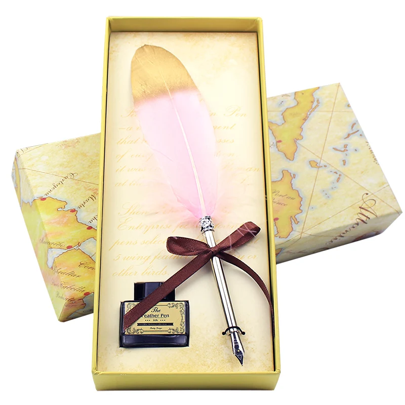 FEATTY-Golden Feather Pen Set, papelaria, material escolar e de escritório, caixa de presente bonita