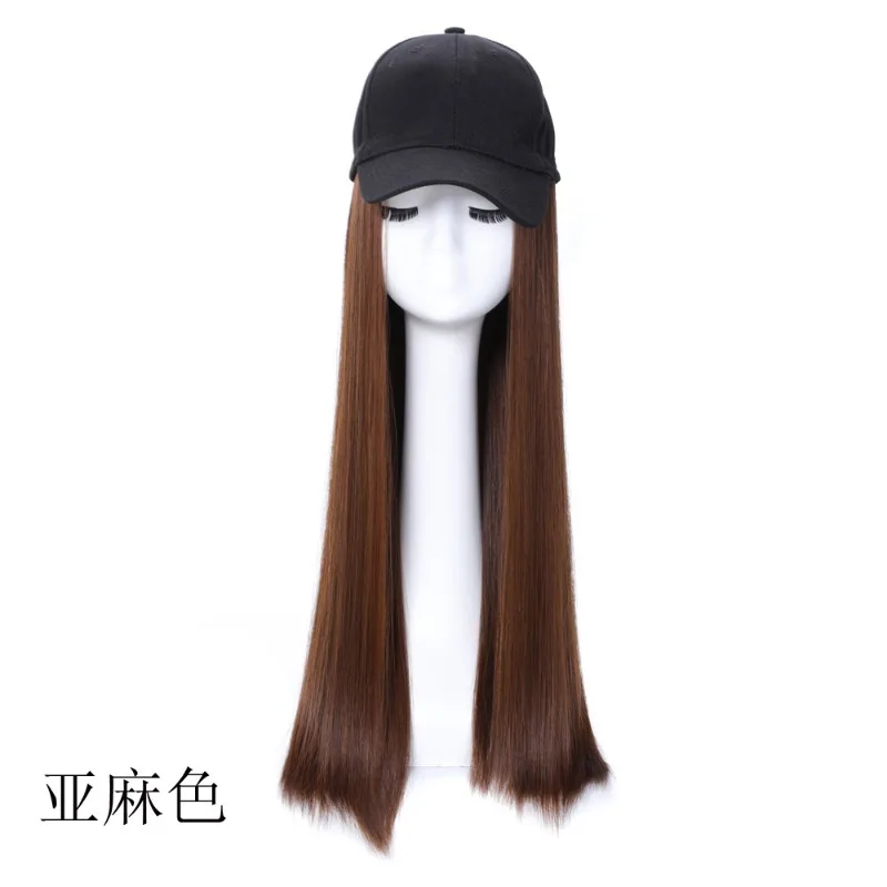 Synthetic Wig Fashionable One-piece Matte Silk Natural Long Straight Hair Baseball Cap Hood Hat Black Brown Ladies Daily Wear