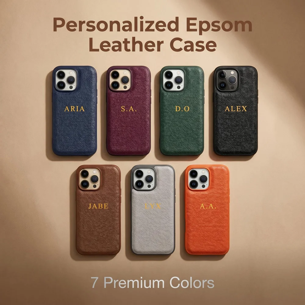 Personalized Name & Initials Gold Foil PU Epsom Leather Magnetic Phone Case for iPhone 18 17 16 15 Pro Max