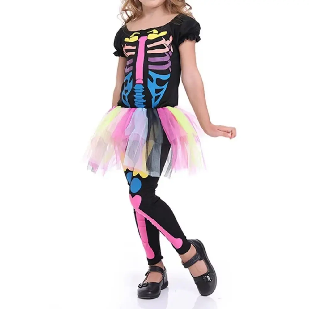 Persönlichkeit Neuheit Kinder Halloween Kostüm Cosplay bunte Mädchen Regenbogen Skelett Kostüm Outfit Mode Halloween Cosplay