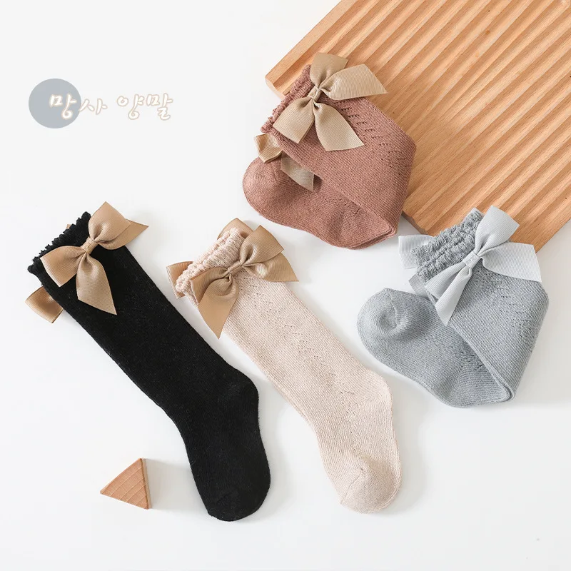 Kids Knee High Mesh Socks Spring Summer Baby Girls Bow Tube Sock Soft Cotton Breathable Children Hollow Out Socken For 0-6 Years