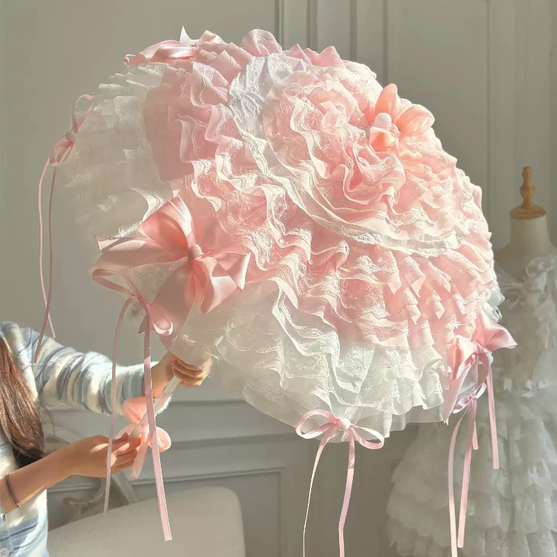 Lolita Pink Lace Parasol Cherry Blossom Wedding Frilly Umbrellas for Photoshoot Vintage Sun Umbrella for Cosplay Prop Umbrellas