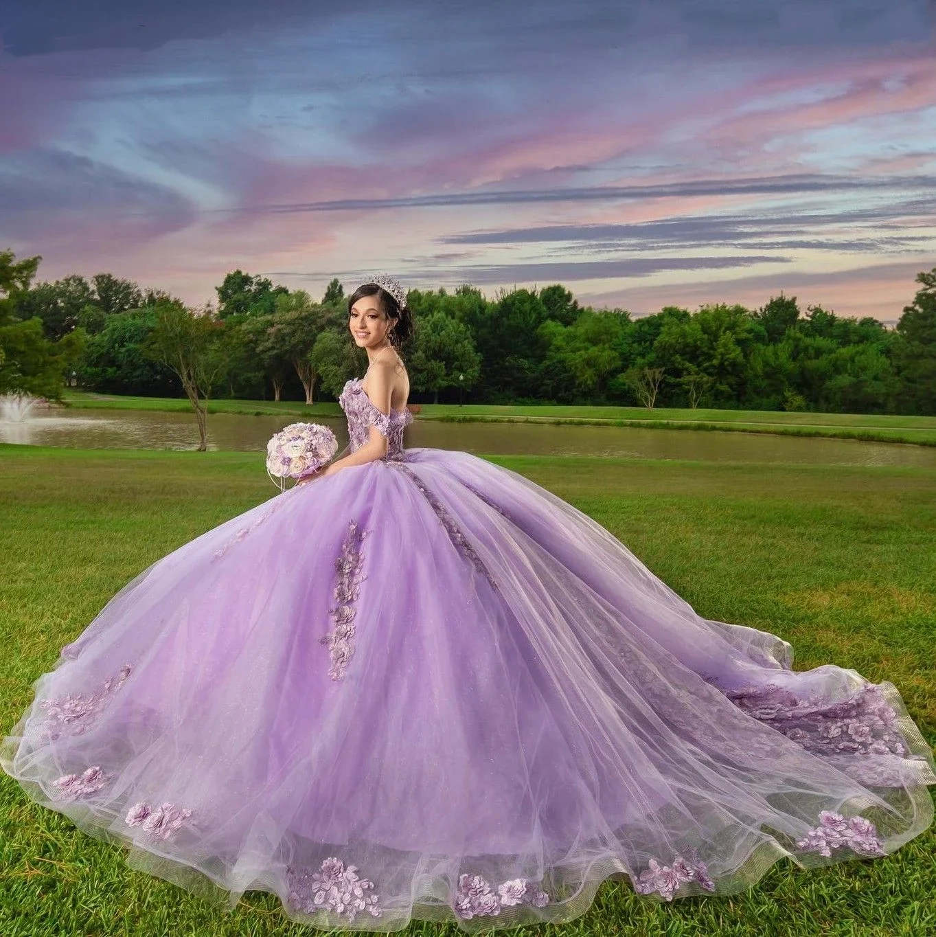 Angelsbridep Off Shoulder Ball Gown Quinceanera Dresses With 3D Appliques Lilac Prom Party Dress Vestidos De Festa